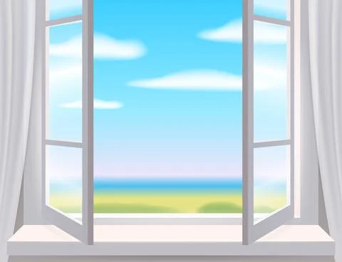 Open window in interior, view on landscape, spring. Vector illustration template Illustrazione stock