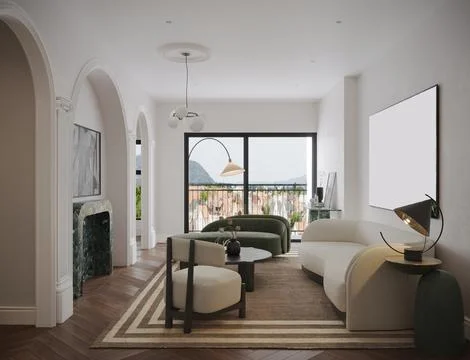 Open window lake side apartment living room interior design ideas for smart.. Stock-Illustration
