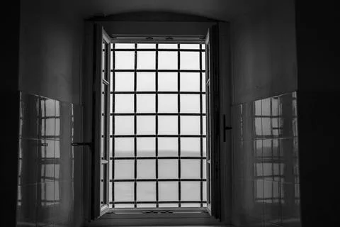 Open Window with Metal Security Bars Stock Photos