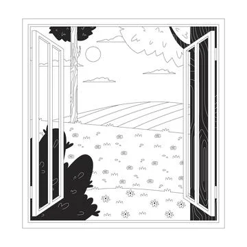 Open window to nature 2D line object Stock Illustration