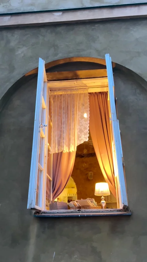 Open window of an old building in Warsaw, Poland at night. Stock Footage 345240503