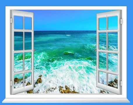 Open Window Overlooking Ocean Waves Fotos Stock