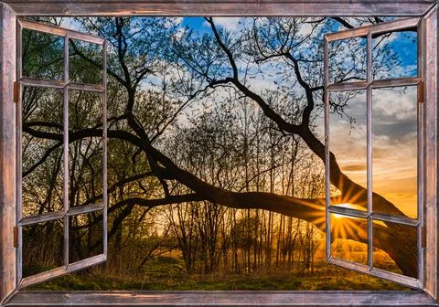 Open window overlooking a rural landscape in summer Fotos de archivo