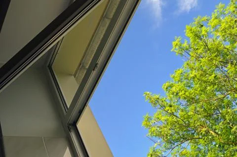 Open window overlooking the sky and the tree. Selective focus Stock Photos