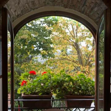 Open window showing flowers in window box , Radda in Chianti, Tuscany, Italy 스톡 사진