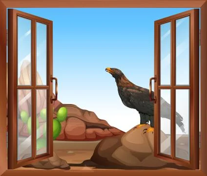 An open window with a view of the bird above the rock Ilustración de archivo