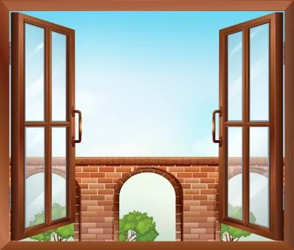 An open window with a view of the gate Ilustración de archivo