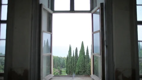 Open Window View sea sky And conifer smooth Dolly motion and Panorama Stock-Footage 85035633