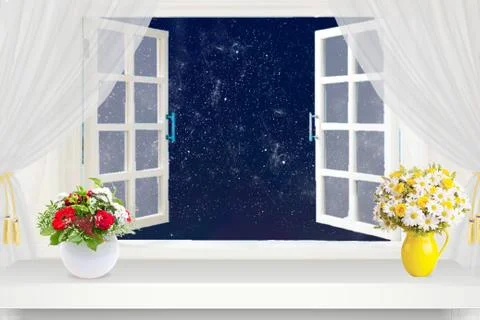 Open window with a view of the starry sky Stock Photos