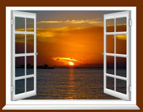 Open Window View of Sunset Over Ocean Waves Stock Photos