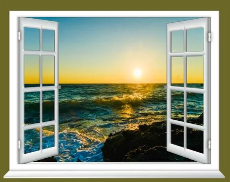 Open Window View of Sunset Over Ocean Waves Stock Photos