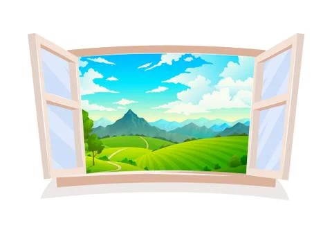 Open window. View from wooden window on landscape, sunny day scene, hill field 스톡 일러스트