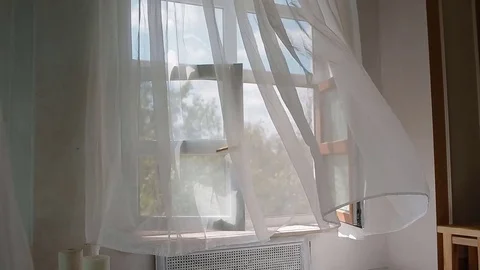 Open window with white curtain Stock Footage 81718453