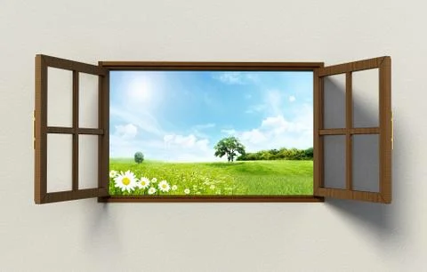 Open windows with a nice green field view. 3D illustration Stock Illustration