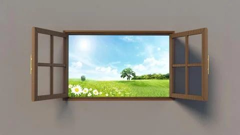 Open windows with a nice green field view. 3D illustration Stock Illustration