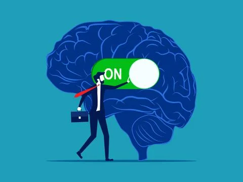Open wisdom and knowledge. Businessman turns on the brain switch Stock Illustration