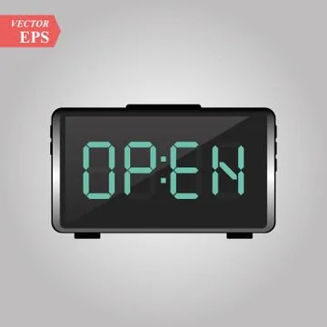 Open written on a digital alarm clock concept Line Art in Flat Style Vector I Stock Illustration