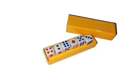 Open Yellow Dice Box with Colored Dice Stock Photos