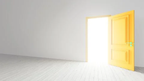 Open yellow door illuminating empty room with white floor Stock Illustration
