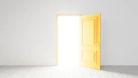Open yellow door showing light in empty room Ilustración de archivo