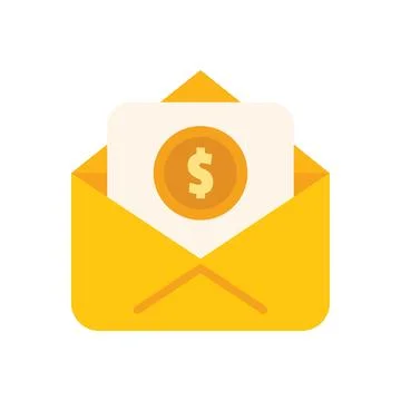 Open yellow envelope containing dollar coin and blank white paper Stock Illustration