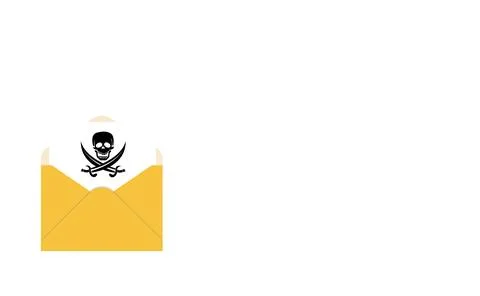 Open yellow envelope with a document and a skull and crossbones piracy icon.. Stock-Fotos
