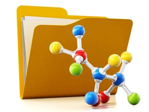 Open yellow folder and multi colored molecule model. 3D illustration 库存插图