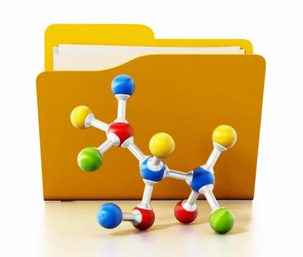 Open yellow folder and multi colored molecule model. 3D illustration 库存插图