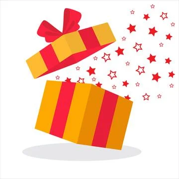 Open yellow gift box with festive explosion of stars. Special give away pac.. Illustrazione stock