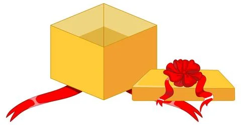 Open Yellow Gift Box with Red Ribbon and Lid Stock Illustration