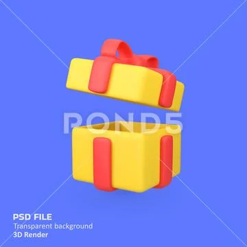 Open the yellow gift box with red ribbon isolated 3d render icon illustration PSD Template