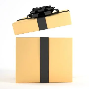Open yellow gold gift box with black ribbon and bow isolated on white backg.. Stock Illustration