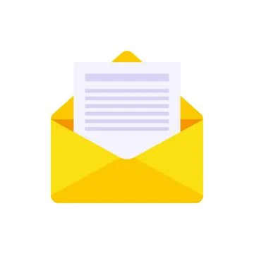 Open yellow paper envelope with letter document inside vector flat illustrati Stock Illustration