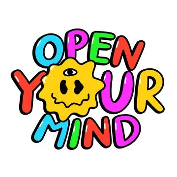 Open your mind crazy quote t-shirt print design. Vector hand drawn logo cartoon Stock Illustration