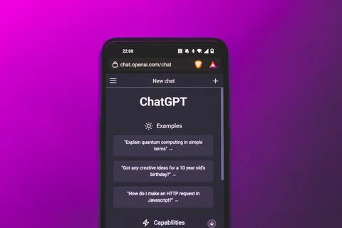 OpenAI ChatGPT chat bot app. ChatGPT is AI chatbot which is made by OpenAI Stock Photos