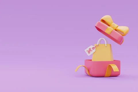 Opened 3d gift box and shopping bag with copy space on purple background, 3d  Stock Illustration