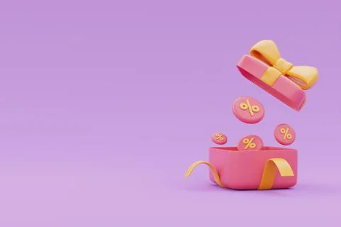 Opened 3d gift box and sale promotion with copy space on purple background, 3 Stock Illustration