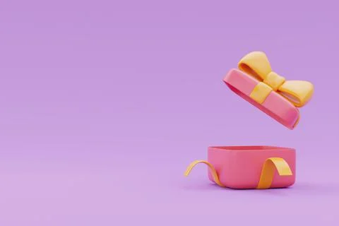 Opened 3d gift box with copy space on purple background, 3d rendering. Stock Illustration