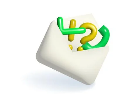 Opened 3d letter envelope with question, exclamation and check marks, phone Stock Illustration