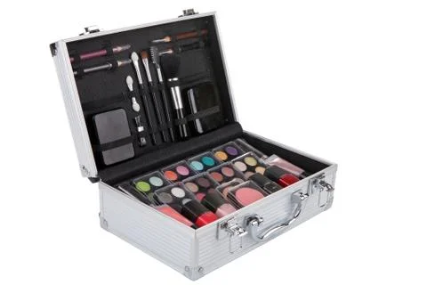 Opened aluminum make up case Stock-Fotos