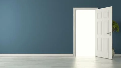 Opened american door with blue wall and reflective floor Stock Illustration
