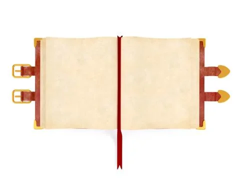 Opened ancient book with red leather cover , blank paper page for mock up Illustrazione stock