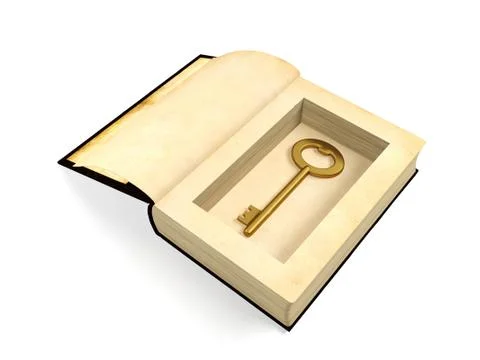 Opened ancient paper book with retro golden key hidden inside Stock Illustration