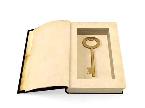 Opened ancient paper book with retro golden key hidden inside Stock Illustration