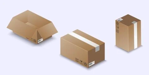 Opened and closed cardboard boxes isolated on a white background. Empty open Stock Illustration