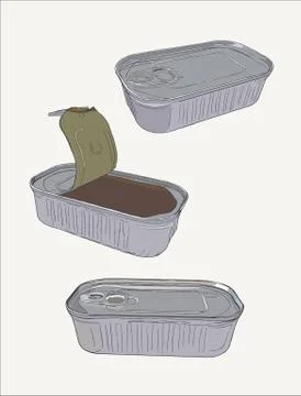 Opened and closed food tin cans, sketch vector. Stock Illustration