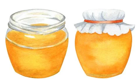 Opened and closed honey jars, Honey jar set isolated, Watercolor illustration Stock Illustration