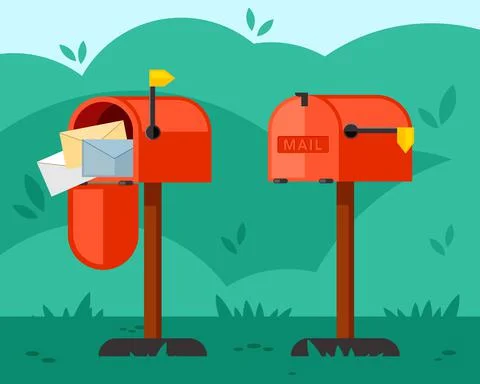 Opened and closed mailbox illustration. Red container with long leg overflowing Stock Illustration
