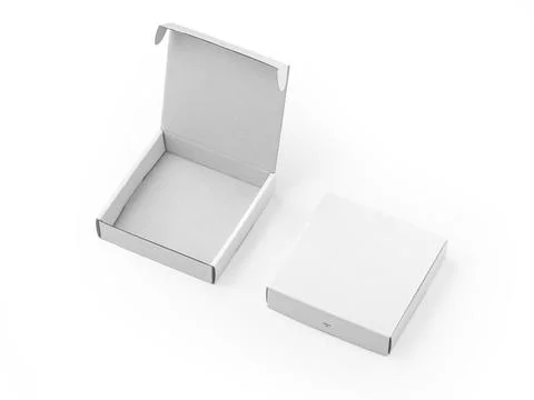 Opened and closed small white packaging boxes mockup isolated on white backgr Stock Photos