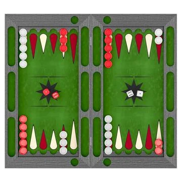 Opened Backgammon board game, top view. 3D rendering Illustrazione stock